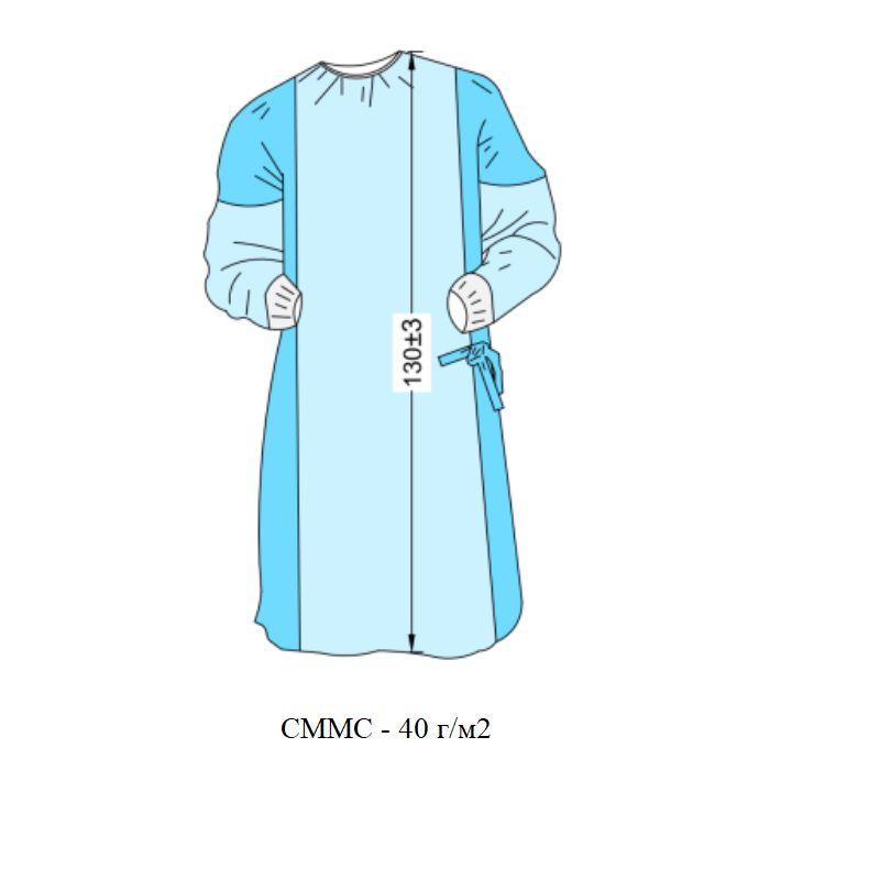 Халат хірургічний операційний (СММС - 40г/м2) з непромокальною поверхнею (лам. спанбонд - 25г/м2) з манжетою, довжина 130 см розмір L, одноразовий, стер. NUREL®